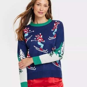33 degrees Women's Alpine Skier Graphic Sweater Blue Christmas Sweater